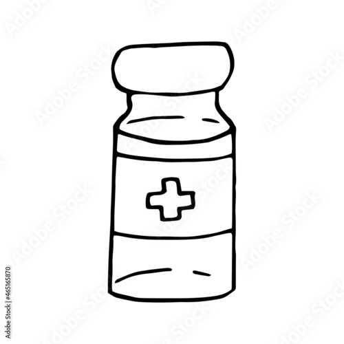 medicine bottle with vaccine hand drawn doodle. vector, scandinavian, nordic, minimalism, monochrome. icon.
