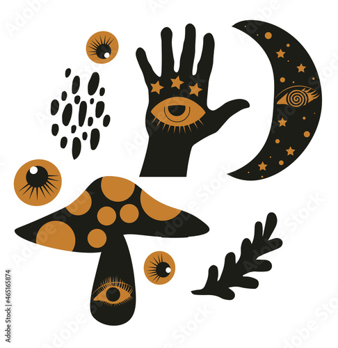 Vintage retro engraving style magic hand. Boho doodle mystic hands. Hand drawn esoteric icons, simple feminine logo set with moon . Vector illustration.