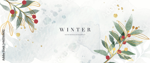 Winter background vector. Hand painted watercolor and gold brush texture, Flower and botanical leaves hand drawing. Abstract art design for wallpaper, wall arts, cover, wedding and invite card. photo