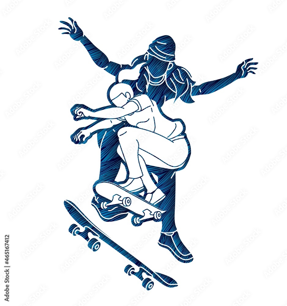 Fototapeta premium Skateboarder Playing Together Group of Skateboard Players Extreme Sport Action 