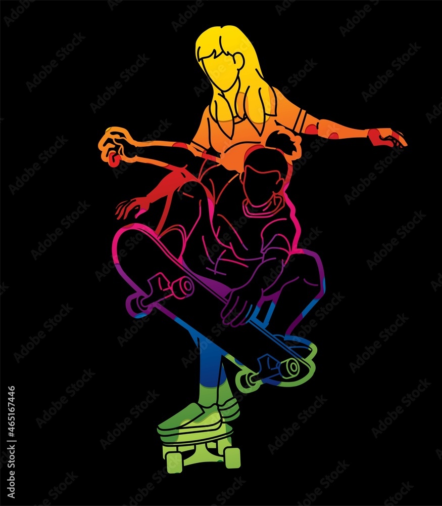 Fototapeta premium Skateboarder Playing Together Group of Skateboard Players Extreme Sport Action 
