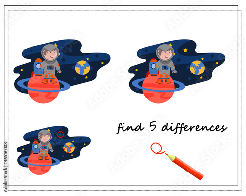 A logic game for kids find the differences, an astronaut in space. vector isolated on a white background