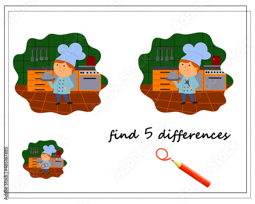 A logic game for kids find the differences, cook in the kitchen. vector isolated on a white background