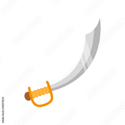 Pirate medieval saber. Carnival costume props. Party adventure. Piracy icon isolated on white background. Vector illustration in flat cartoon style.
