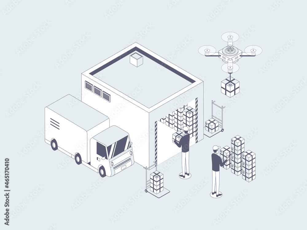 E-Commerce Warehouse Isometric Illustration Lineal Gray. Suitable for Mobile App, Website, Banner, Diagrams, Infographics, and Other Graphic Assets.