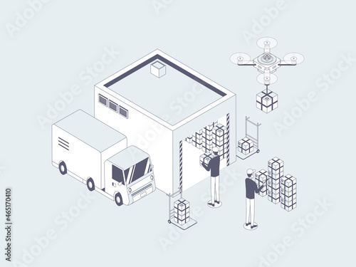 E-Commerce Warehouse Isometric Illustration Lineal Gray. Suitable for Mobile App  Website  Banner  Diagrams  Infographics  and Other Graphic Assets.