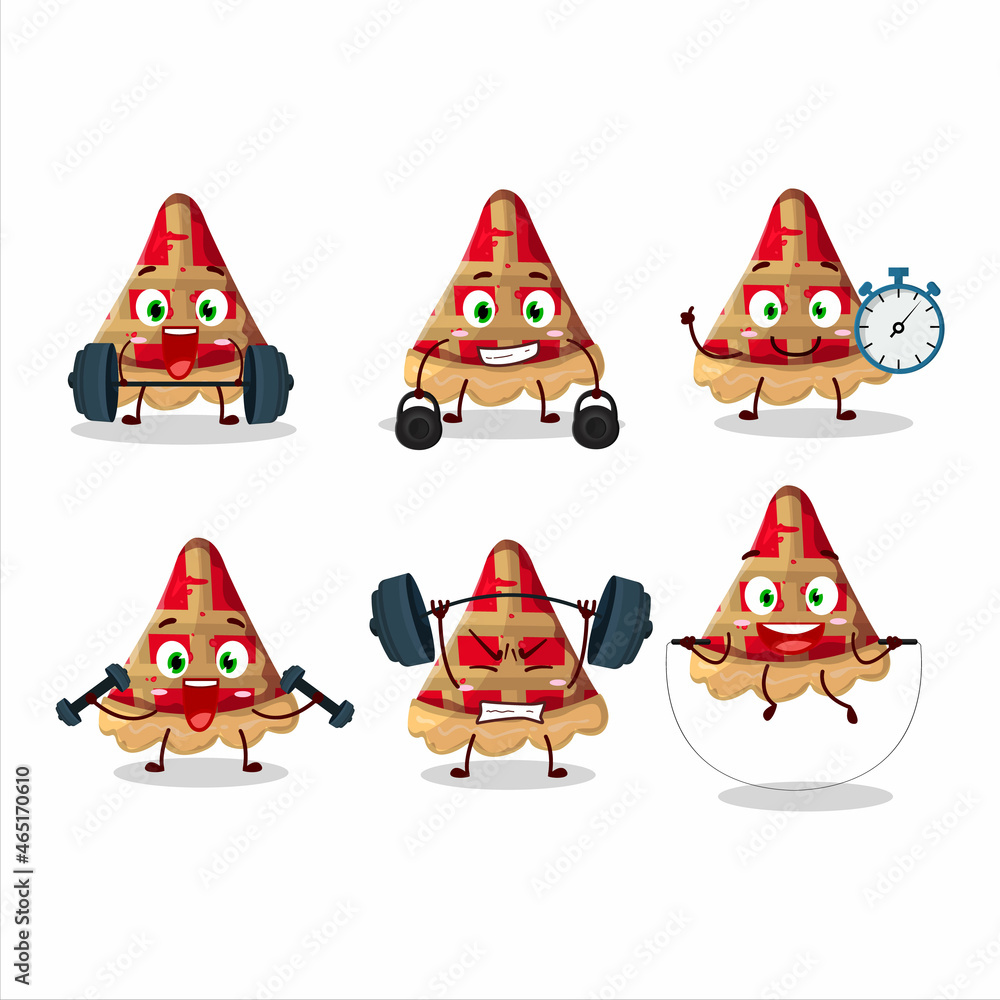 A healthy slice of apple pie cartoon style trying some tools on Fitness center A healthy slice of apple pie cartoon style trying some tools on Fitness center