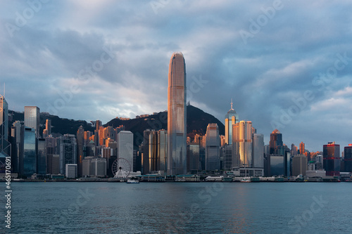 Victoria harbor of Hong Kong city at dawn