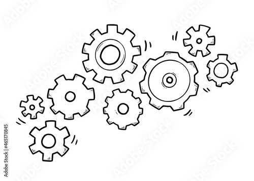 Hand drawn gear set. Doodle sketch style gear mechanism. Concept of business idea, teamwork, progress background. Doodle cog vector illustration.