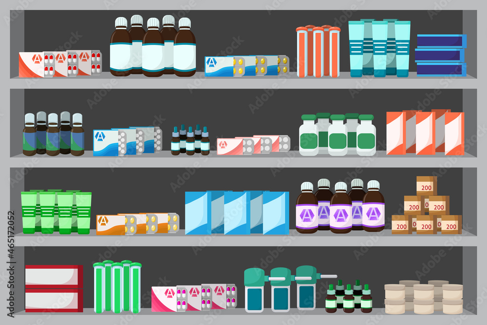 Medicine shelves in pharmacy shop, drugstore. Medicine pills capsules bottles vitamins and tablets. Medicine shelves in pharmacy shop, drugstore. Medicine pills capsules bottles vitamins and tablets.