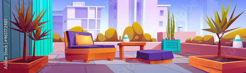 Rooftop garden, building terrace with green plants and furniture for relax. Vector cartoon illustration of modern patio on house roof or balcony with table, chairs, bushes and trees in wooden crates