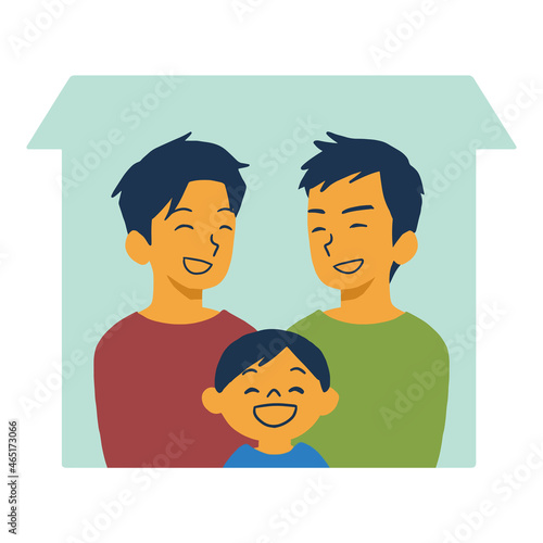同じ家にすむ、同性カップルと男の子の家族イラスト