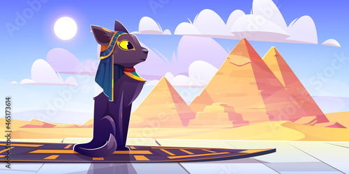 Egypt cat goddess Bastet sitting at palace floor front of Pharaoh pyramids in Sahara desert. Cartoon sacred animal, ancient Egyptian deity character wear necklace and headwear, Vector illustration