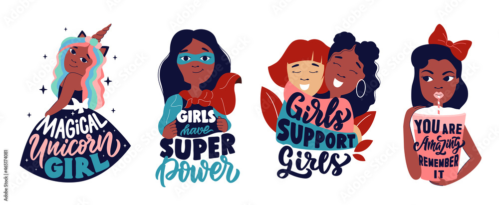The set of African women is a magic unicorn, superpower, supporting girls, amazing. The cartoon Afro babies girlfriend. Vector illustration