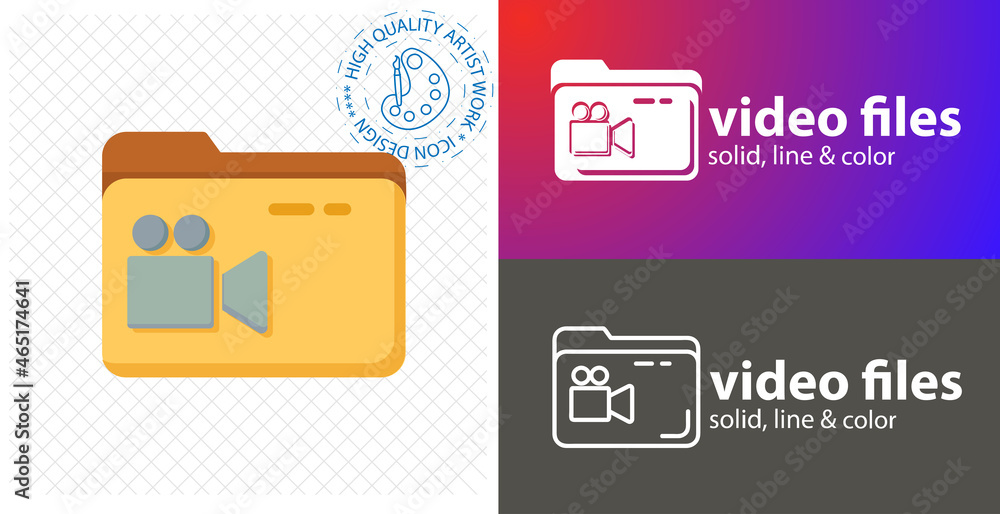 folder with video file colorful flat icon. video file solid icon. folder line icon.