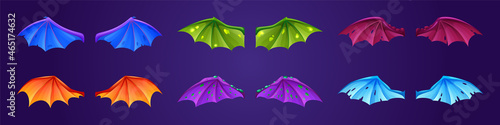 Set of dragon wings myth and fable creatures, demon or bats different wing pairs. Glowing, ragged and colorful magic collection for rpg game fantasy characters, isolated Cartoon vector illustration
