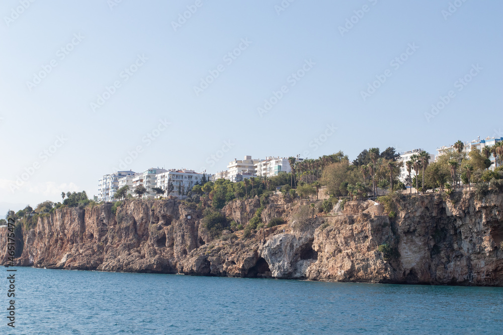 View of the rock and the city of Antalya from the sea