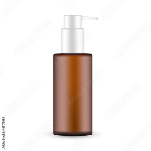 Amber Bottle Mockup with Pump, Isolated on White Background, Front View. Vector illustration