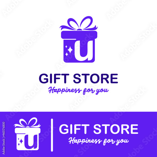 Initial u Letter on Gift Box for Simple Modern Gift Store Retail Business Logo. Present, Surprise toys anniversary shop Logo Design Template