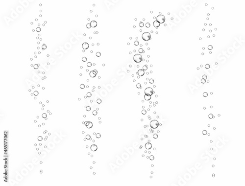 Underwater bubbles of fizzing soda. Streams of air. Dissolving tablets. Realistic oxygen pop in effervescent drink. vector sparkles on white background.