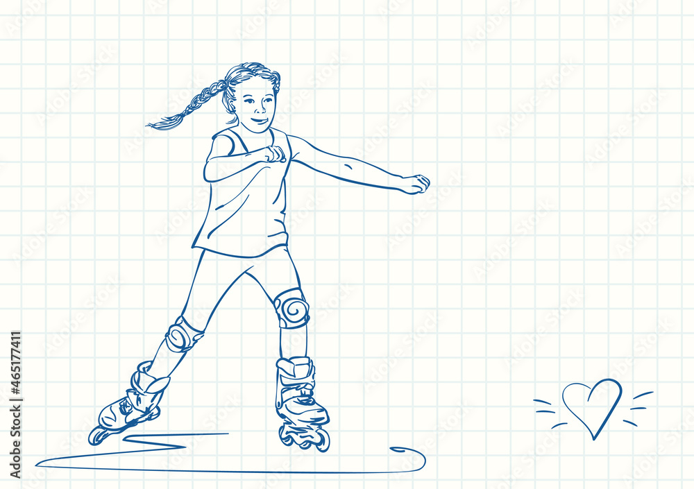 Obraz premium Cute girl with pigtails is skating on skate rollers, Blue pen sketch on square grid notebook page, Hand drawn vector linear illustration