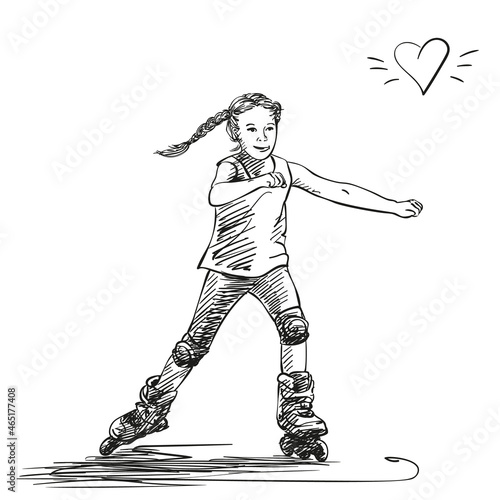 Fototapeta Naklejka Na Ścianę i Meble -  Sketch of cute girl with pigtails is skating on skate rollers, Hand drawn vector illustration isolated on white background