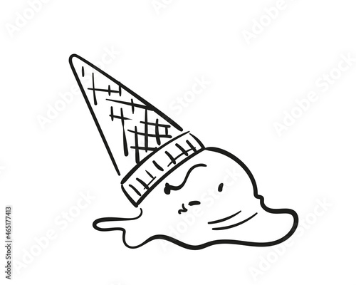 Dropped ice cream doodle cartoon black line sketch on white background, Vector illustration of icecream with sad face