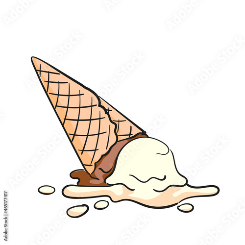 Dropped ice cream doodle two scoops vanilla chocolate ice cream waffle cone clipart white background, Vector illustration delicious food