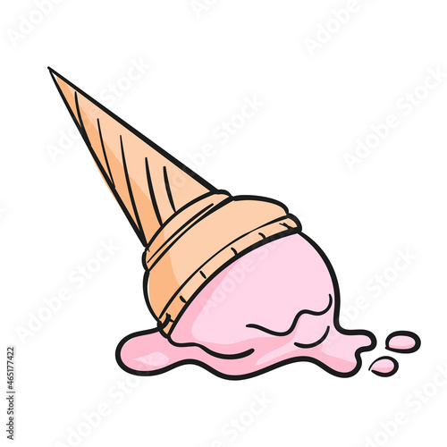 Dropped ice cream doodle cartoon isolated clipart on white background, Vector illustration of pink icecream in waffle cone