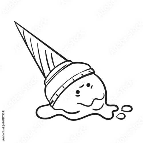 Dropped melted ice cream doodle cartoon black line sketch on white background, Vector illustration of one scoop of icecream with kawaii sad face in waffle cone
