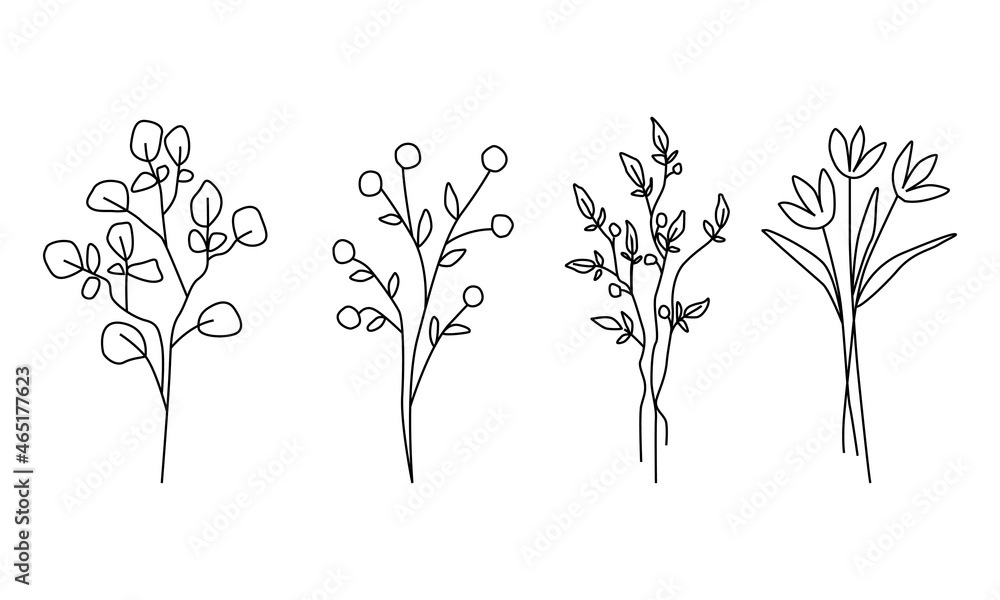 A set of plants collected in bouquets. Vector illustration for postcards, notebooks, stickers, design. Doodle style hand-drawn by an outline.