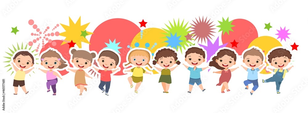 Children dance joy. Happy childhood. Little boys and girls. Horizontal. Kid is jumping for joy at the party. Cute kid. Cartoon style. Isolated on white background. Vector