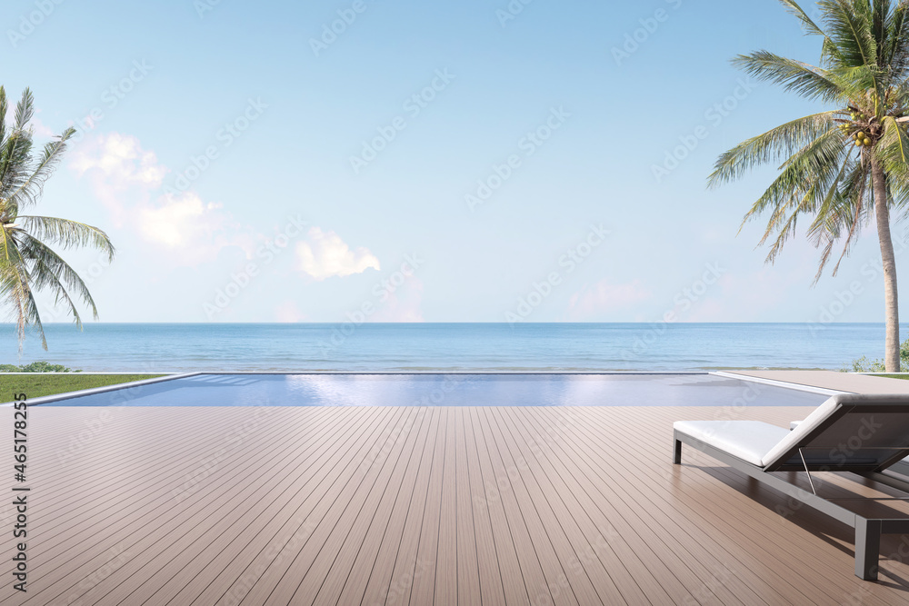 Luxury wooden terrace and swimming pool on sea view background. 3d illustration.