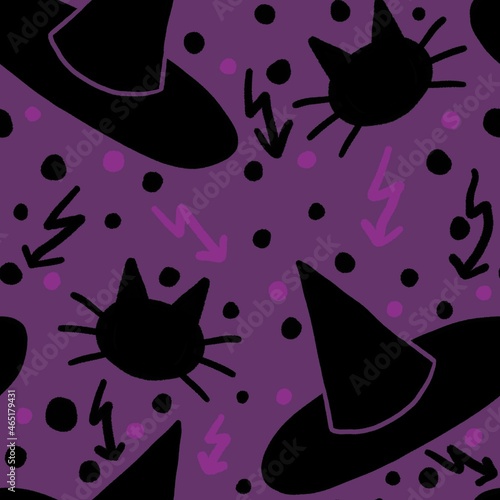 Seamless Halloween pattern with witch hat and cat for fabrics and textiles  photo