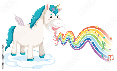 Unicorn standing on the cloud with melody symbols on rainbow wave