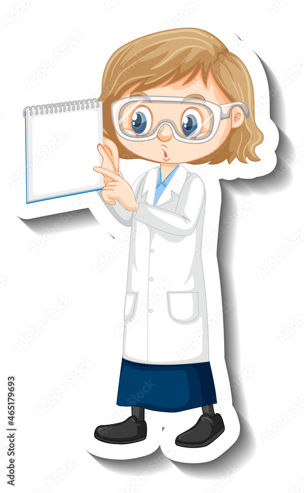 Cartoon character sticker with a girl in science gown Cartoon character sticker with a girl in science gown