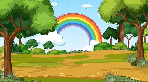 Nature scene background with rainbow in the sky