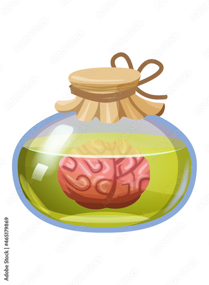 Bottle magic potion with brain. Game icon asset, glass, liquid elixir, poisine, flask, Vector illustration cartoon for game, app UI Bottle magic potion with brain. Game icon asset, glass, liquid elixir, poisine, flask, Vector illustration cartoon for game, app UI