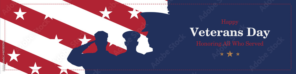 Happy Veterans Day. Greeting card with USA flag and soldiers on blue background. National American holiday event. Flat vector illustration EPS10. Happy Veterans Day. Greeting card with USA flag and soldiers on blue background. National American holiday event. Flat vector illustration EPS10.