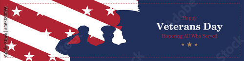 Happy Veterans Day. Greeting card with USA flag and soldiers on blue background. National American holiday event. Flat vector illustration EPS10.