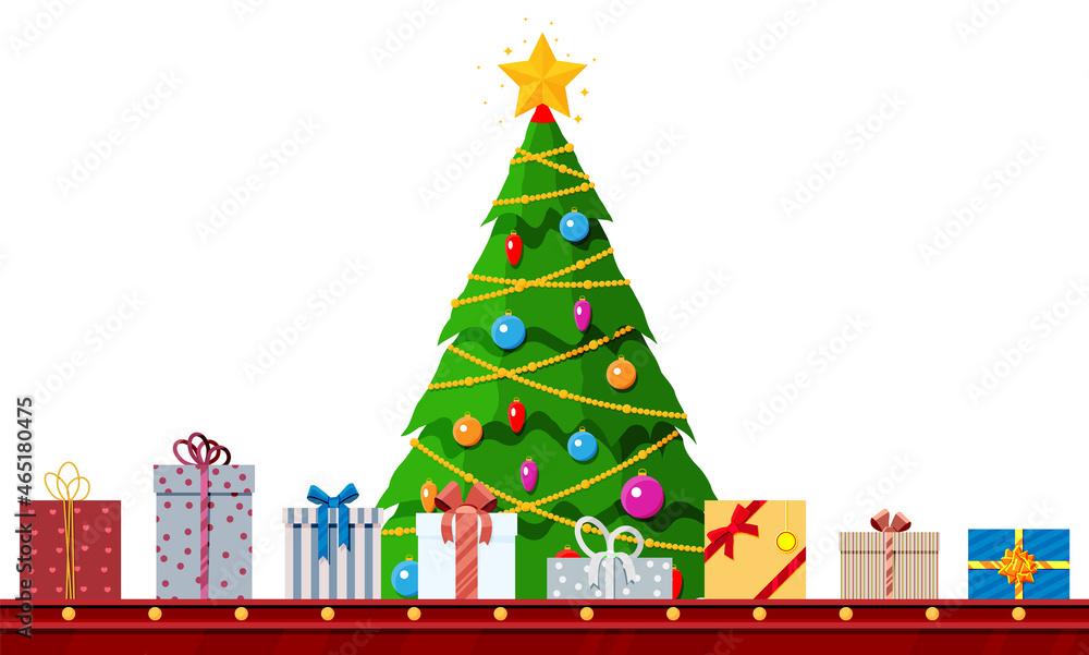 Christmas Tree, Factory Packs Gifts Boxes. Festive Presents Conveyor. Presents Delivery and Shipping. Happy New Year Decoration. Merry Christmas Holiday. New Year and Xmas. Flat Vector Illustration