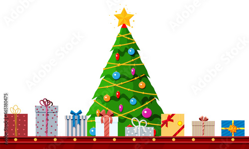 Christmas Tree  Factory Packs Gifts Boxes. Festive Presents Conveyor. Presents Delivery and Shipping. Happy New Year Decoration. Merry Christmas Holiday. New Year and Xmas. Flat Vector Illustration