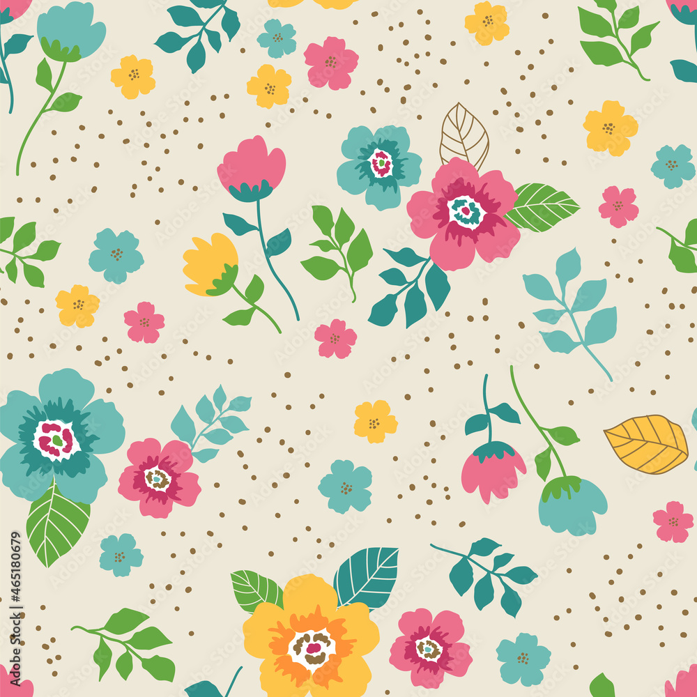 Cute flower and leaf seamless vector pattern with dot background Cute flower and leaf seamless vector pattern with dot background