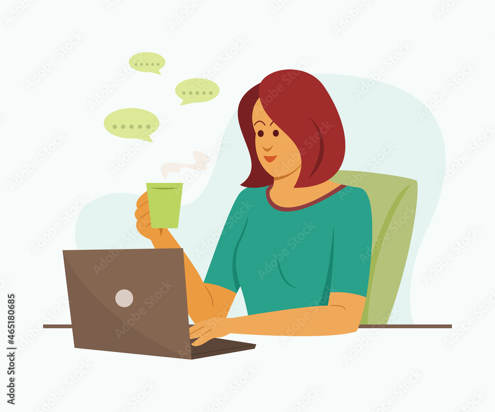 Woman Chatting and Online Working with Laptop. Woman Chatting and Online Working with Laptop.