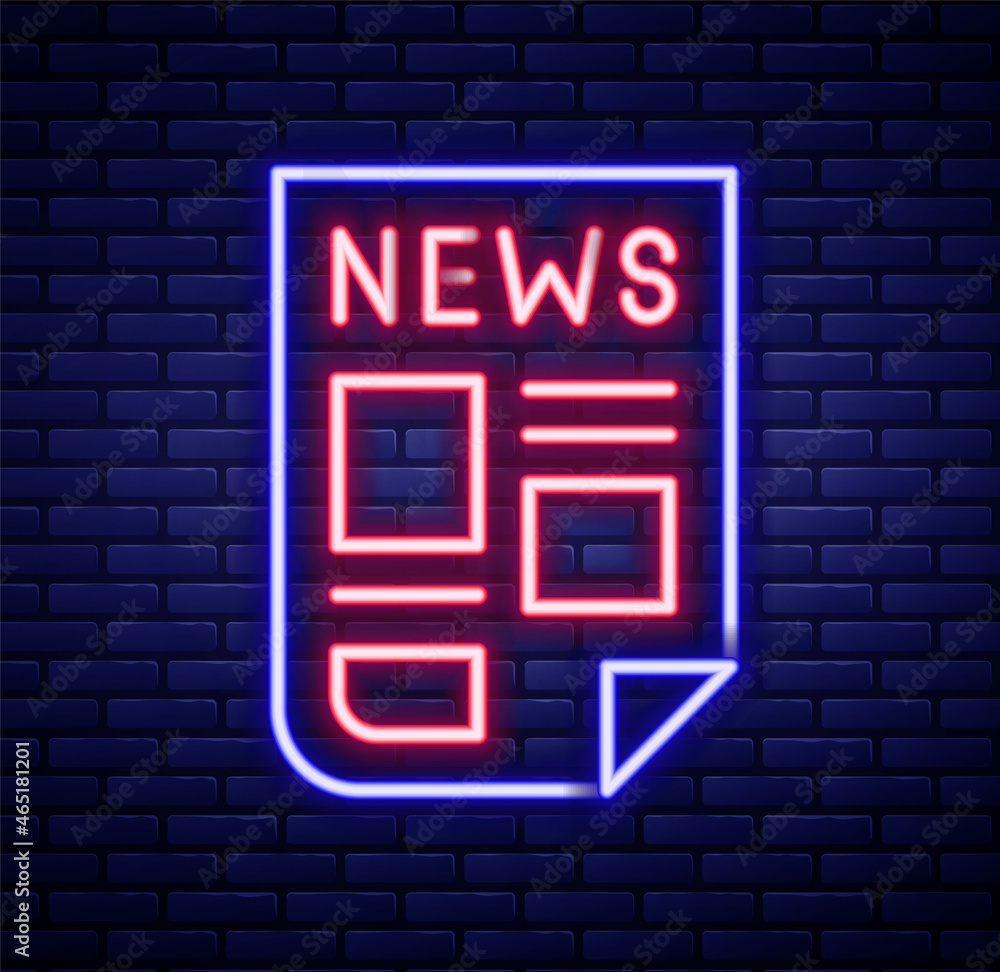 Glowing neon line News icon isolated on brick wall background. Newspaper sign. Mass media symbol. Colorful outline concept. Vector
