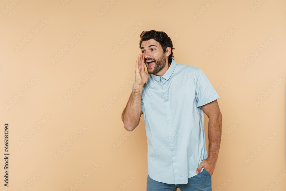 Young white man wearing shirt gesturing while screaming aside Young white man wearing shirt gesturing while screaming aside