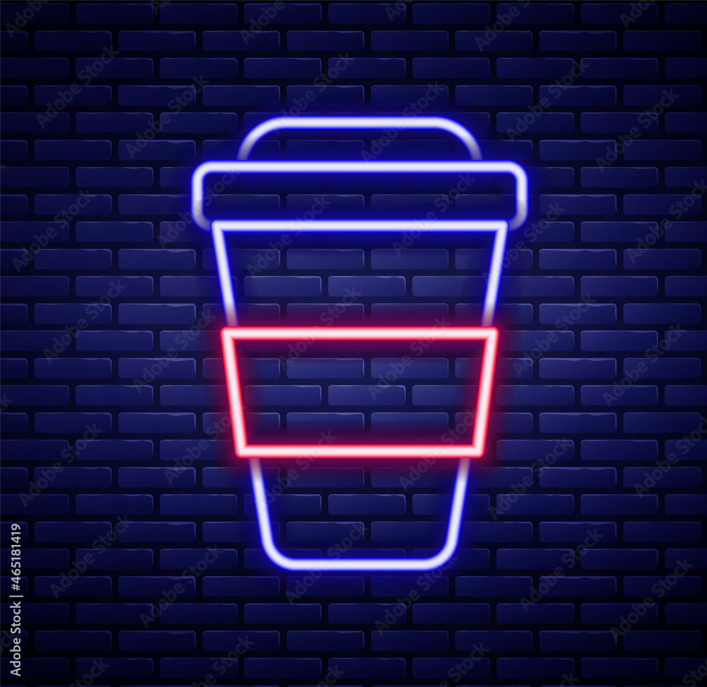 Glowing neon line Coffee cup to go icon isolated on brick wall background. Colorful outline concept. Vector Glowing neon line Coffee cup to go icon isolated on brick wall background. Colorful outline concept. Vector