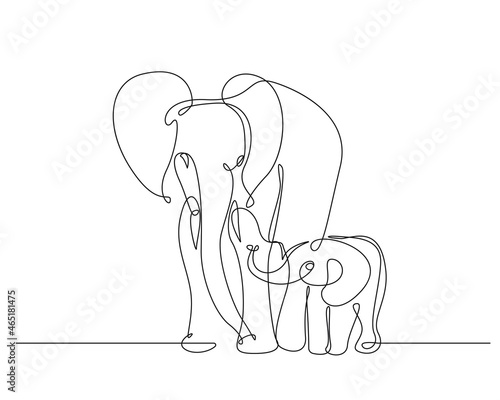 Elephants Continuous One Line Drawing. Elephants Family Line Art Illustration. Animals Minimalist Contour Illustration for Modern Design, Wall Art, Print, Poster, Banner. Vector EPS 10.