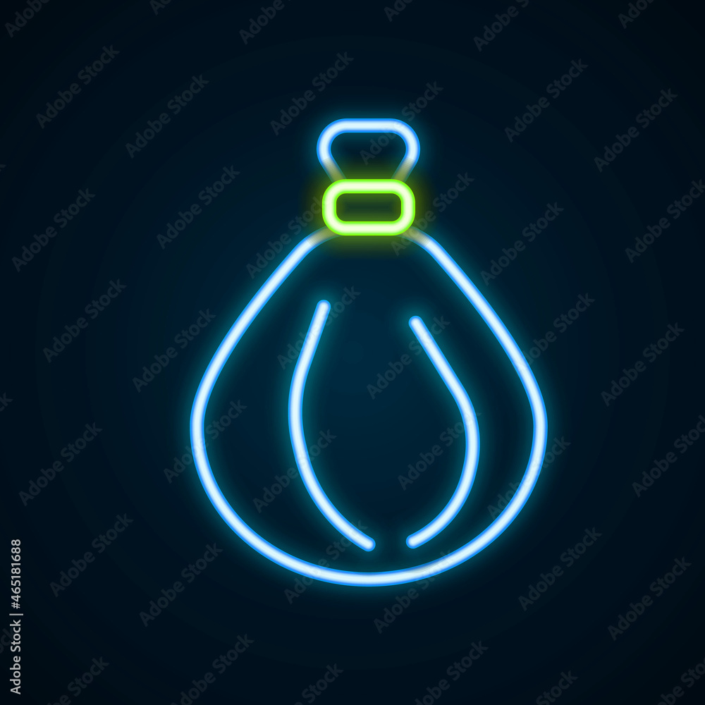 Obraz premium Glowing neon line Garbage bag icon isolated on black background. Colorful outline concept. Vector