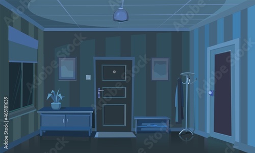 Hallway house. Cozy room in residential building at night. Door and window. Furniture in interior. Darkness. Illustration cartoon style flat design. Vector